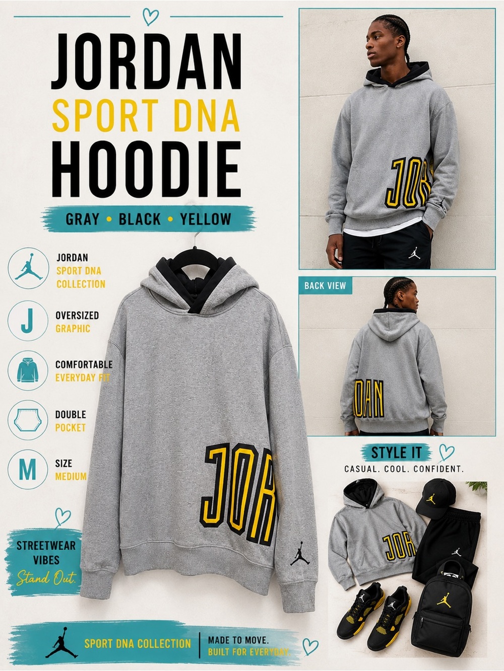 Oversized Graphic Hoodie Medium Gray Black Yellow Pullover Sweatshirt Men’s